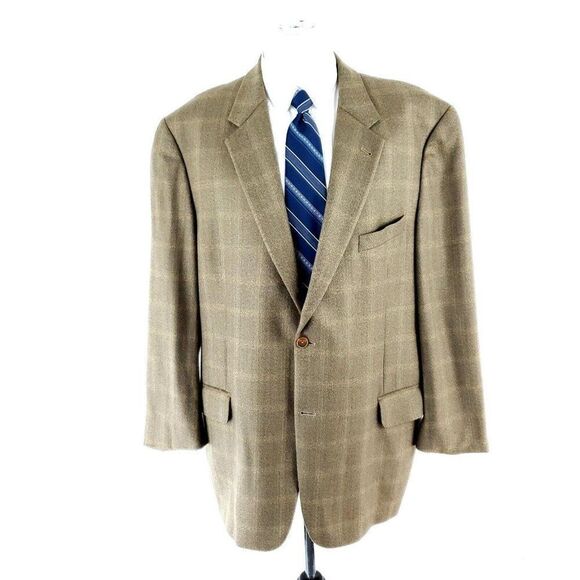 Joseph Abboud Lambswool 2 Button Sport Coat 44R Tan Herringbone Windowpane - Picture 3 of 11